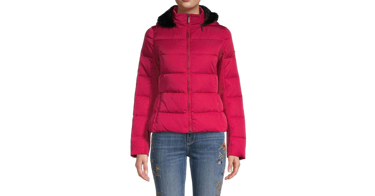 Armani Jeans Faux Fur-trim Down Puffer Jacket in Red | Lyst