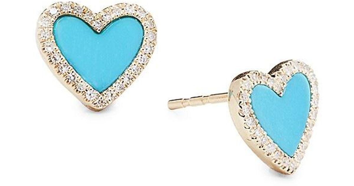 Effy 14k Yellow Gold, Diamond & Turquoise Heart Stud Earrings in Blue
