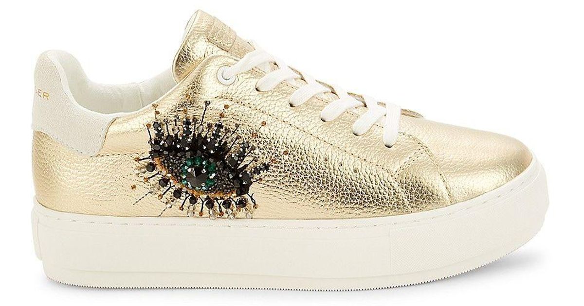 Kurt Geiger Laney Embellished Eye Leather Sneakers in Natural | Lyst