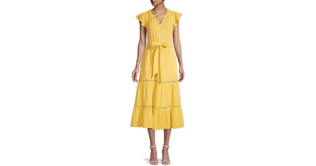 Catherine Malandrino Cotton Flutter-sleeve Tiered Midi Dress | Lyst