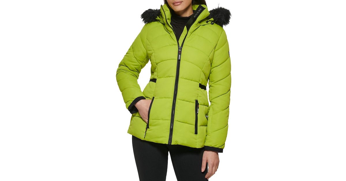 Guess Faux Fur Trim Hooded Puffer Jacket in Green Lyst