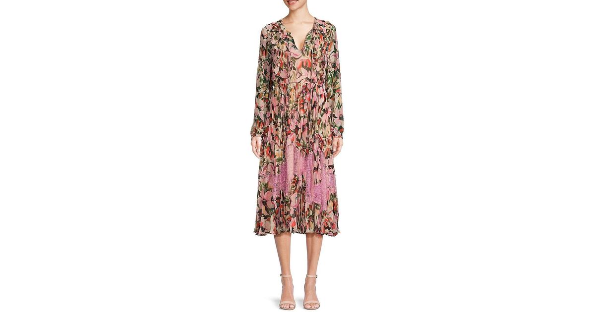 Mikael Aghal Floral Lace Trim Pleated Midi Dress in Red Lyst