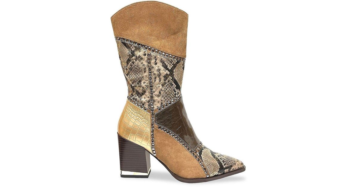 latch croc embossed block heel boot