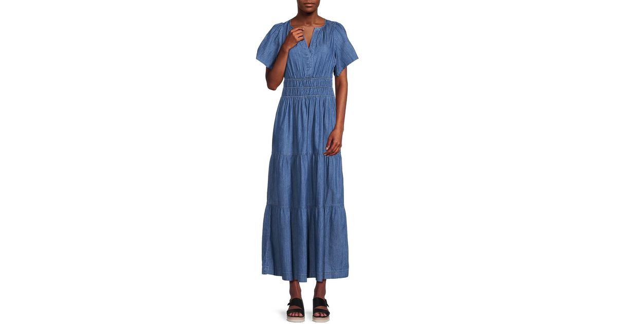 Tommy Hilfiger Chambray Maxi Tiered Dress in Blue Lyst