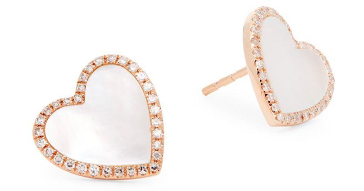 Effy 14k Rose Gold Diamond & Mother-of-pearl Heart Stud Earrings in Metallic - Lyst