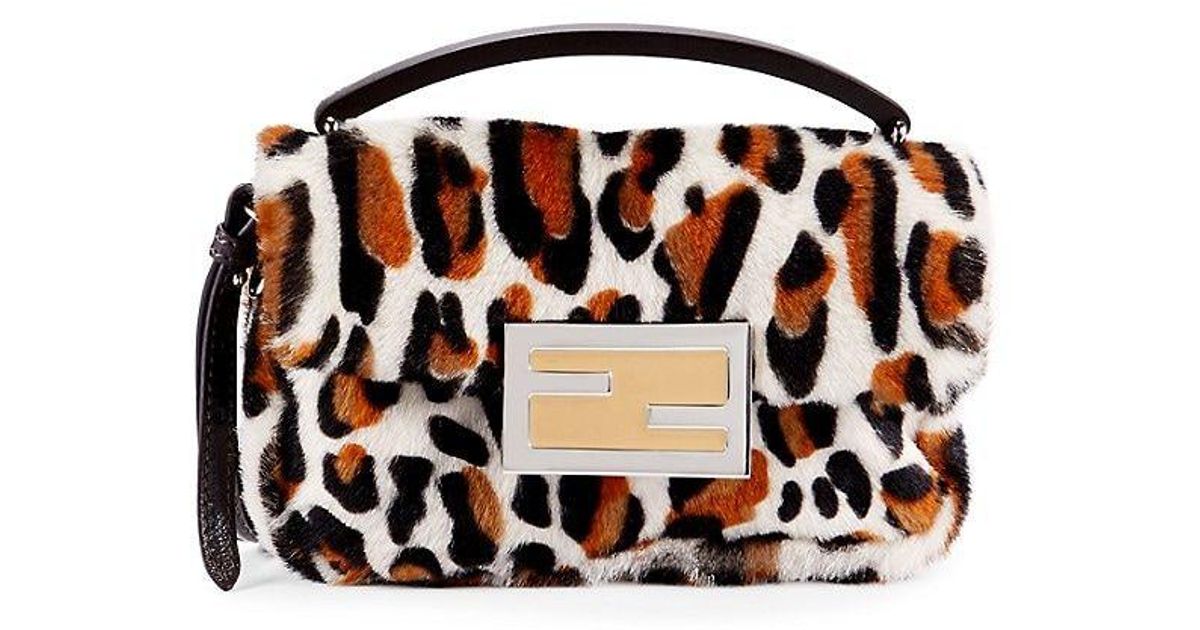 Fendi Leopard Print Shearling Shoulder Bag in White | Lyst