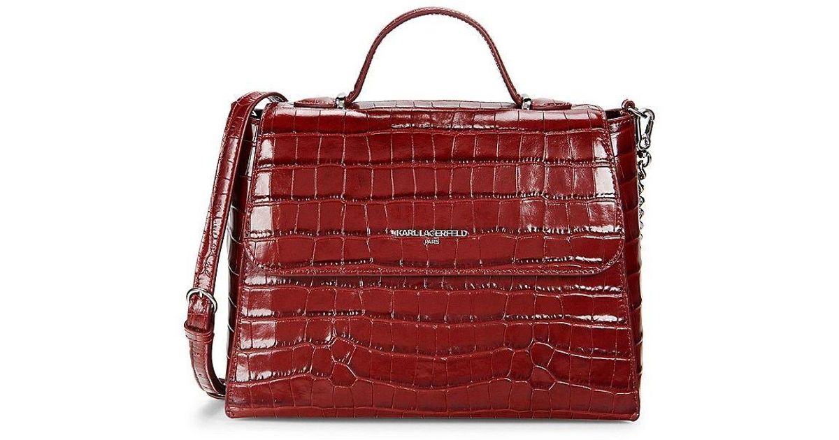 Karl Lagerfeld Charlotte Croc Embossed Leather Satchel in Red | Lyst