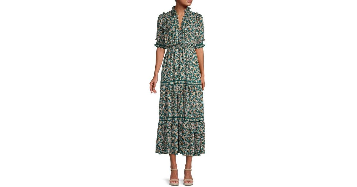 Max Studio Synthetic Tiered Floral Midi Dress in Navy Floral (Green) - Lyst
