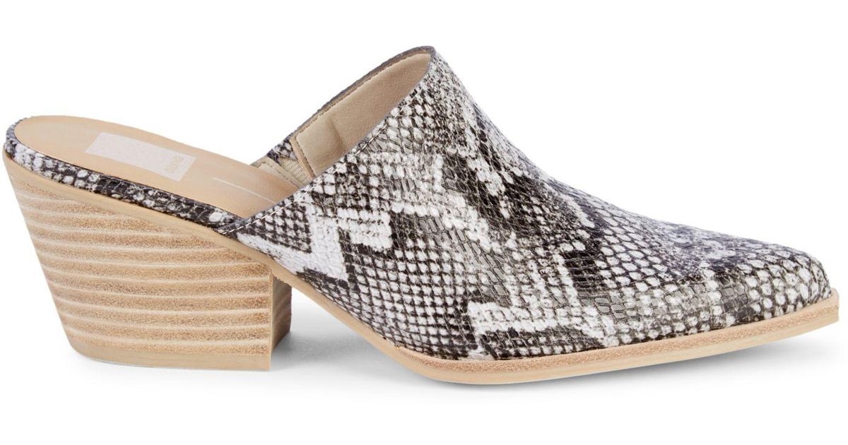 snakeskin print mules