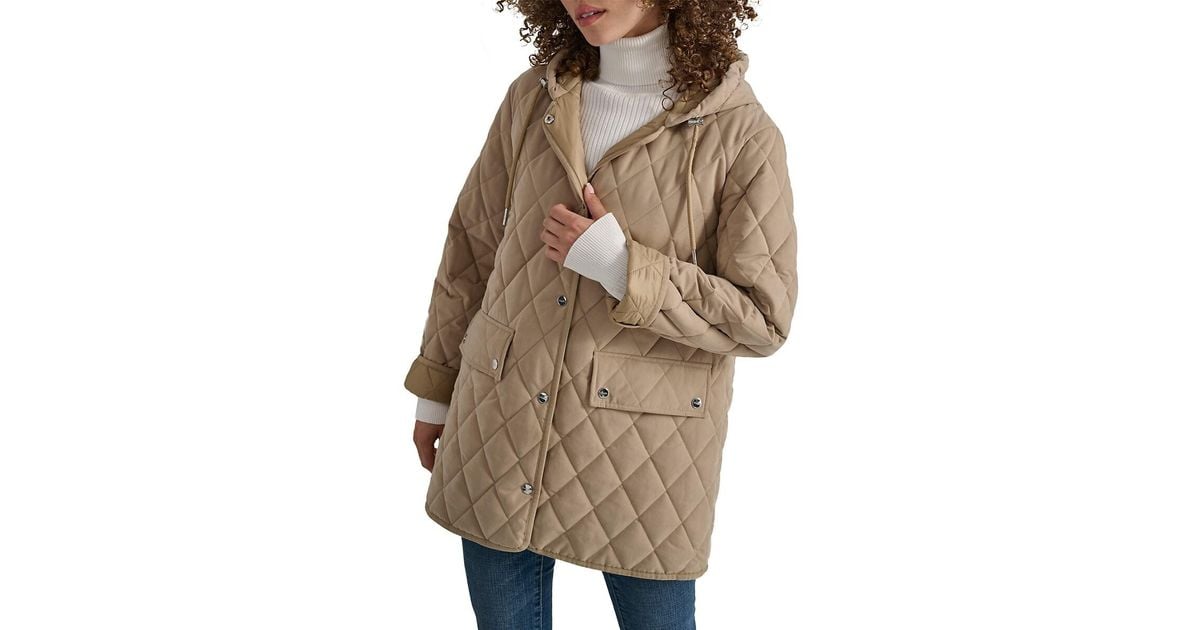 DKNY Quilted Hooded Longline Jacket in Brown Lyst UK