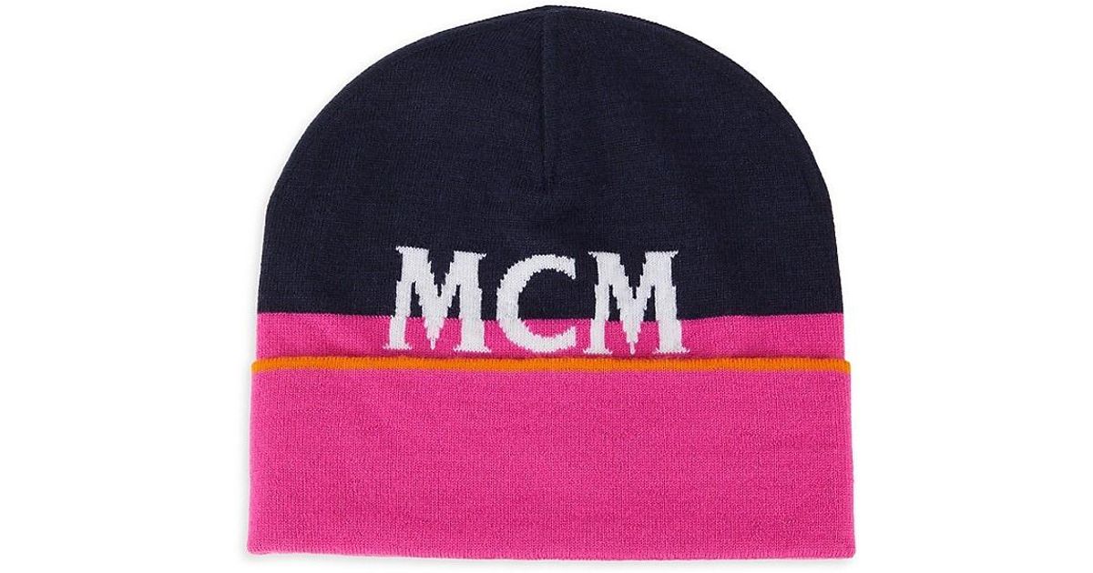 MCM Colorblock Logo Merino Wool Beanie in Pink for Men Lyst UK