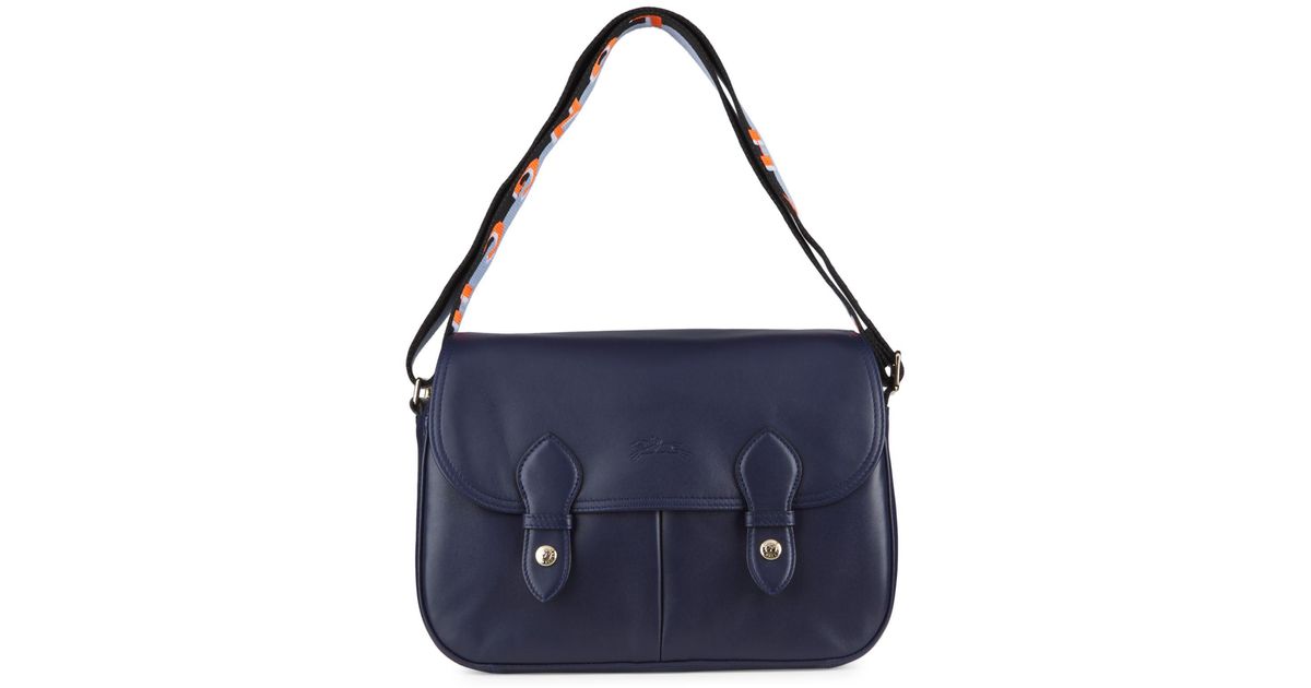 Longchamp Stripe-strap Leather Messenger Bag in Blue | Lyst
