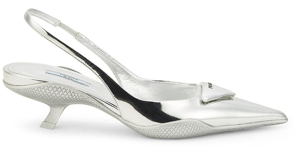 Prada Metallic Leather Slingback Kitten Heel Pumps | Lyst