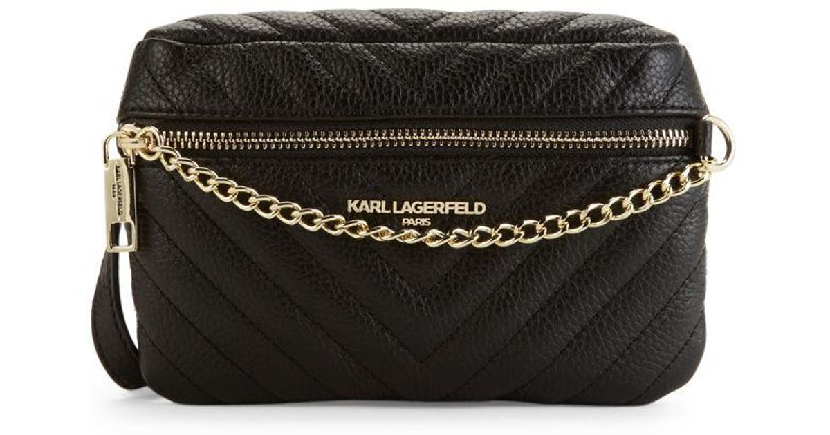 Karl Lagerfeld Leather Charlotte Chevron Quilted Belt Bag in Black Gold