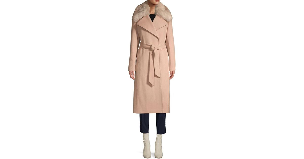 Karl Lagerfeld Faux Fur-trimmed Belted Coat in Nude (Natural) - Lyst