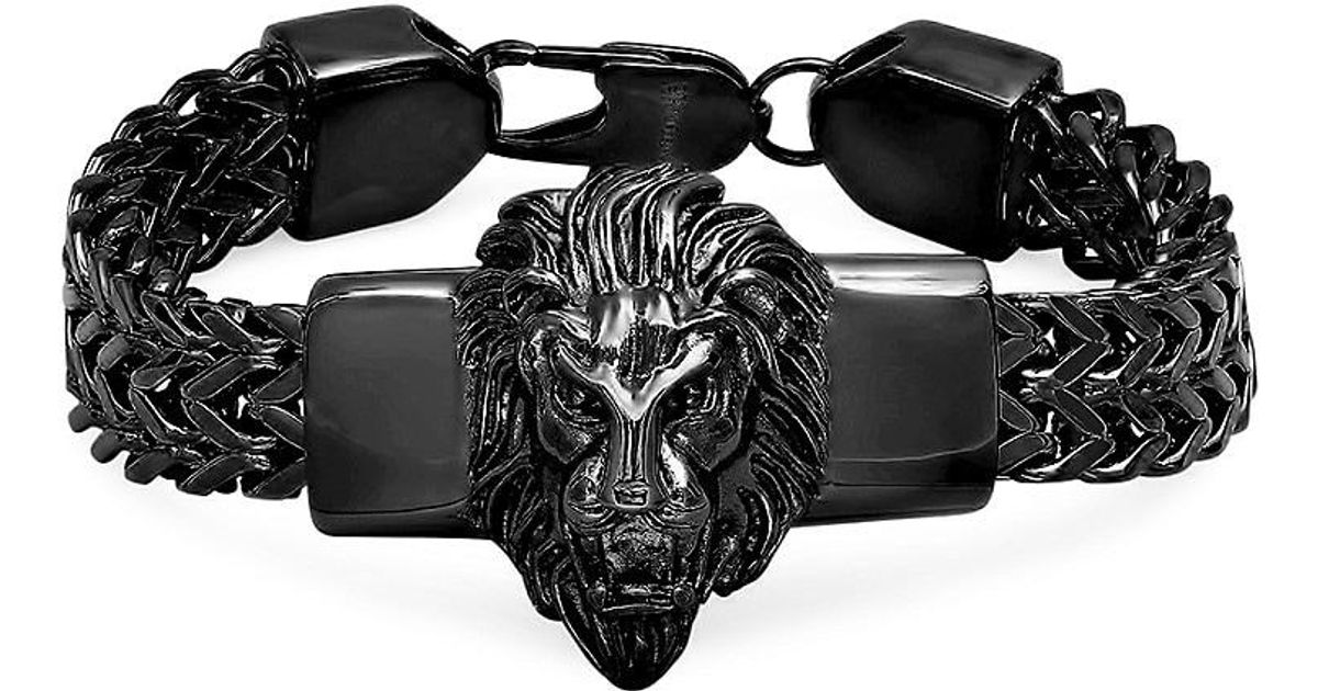 Anthony Jacobs Stainless Steel Lion Head Box Chain Bracelet in Black