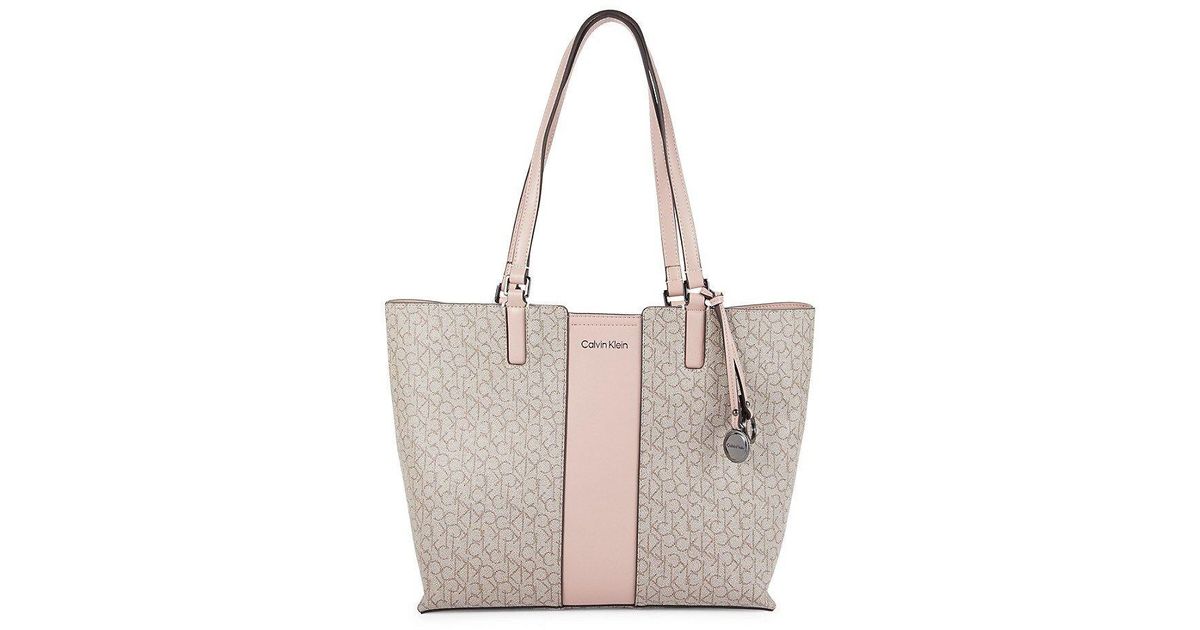 Calvin Klein Logo Faux Leather Tote in Natural | Lyst