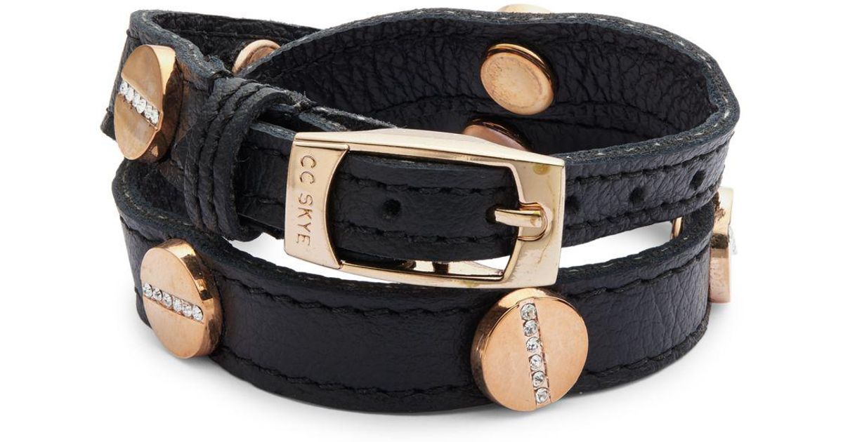 Lyst Cc Skye Crystal Studded Double Wrap Leather Bracelet In Black