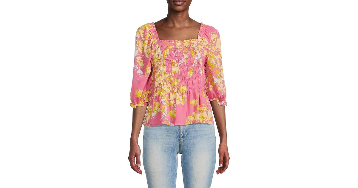 Nanette Lepore Synthetic Floral Smocked Top in Blue | Lyst