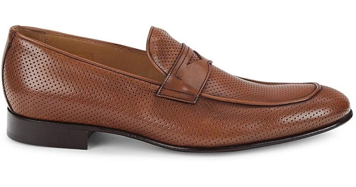 Saks Fifth Avenue Perforated Leather Penny Loafers in Cognac (Brown