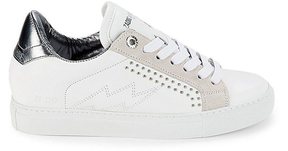 Zadig & Voltaire Studded Leather Lightning Bolt Sneakers in White | Lyst