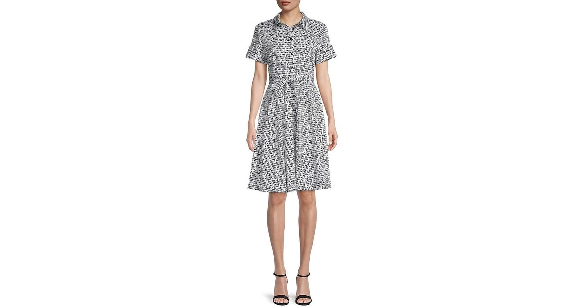 Karl Lagerfeld Cotton Geometric Print Belted Shirtdress in White Combo ...