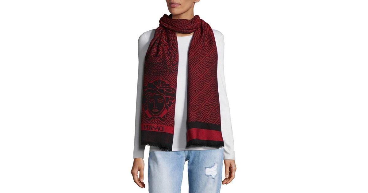 Versace Fringe End Wool Scarf in Black Red (Red) - Lyst