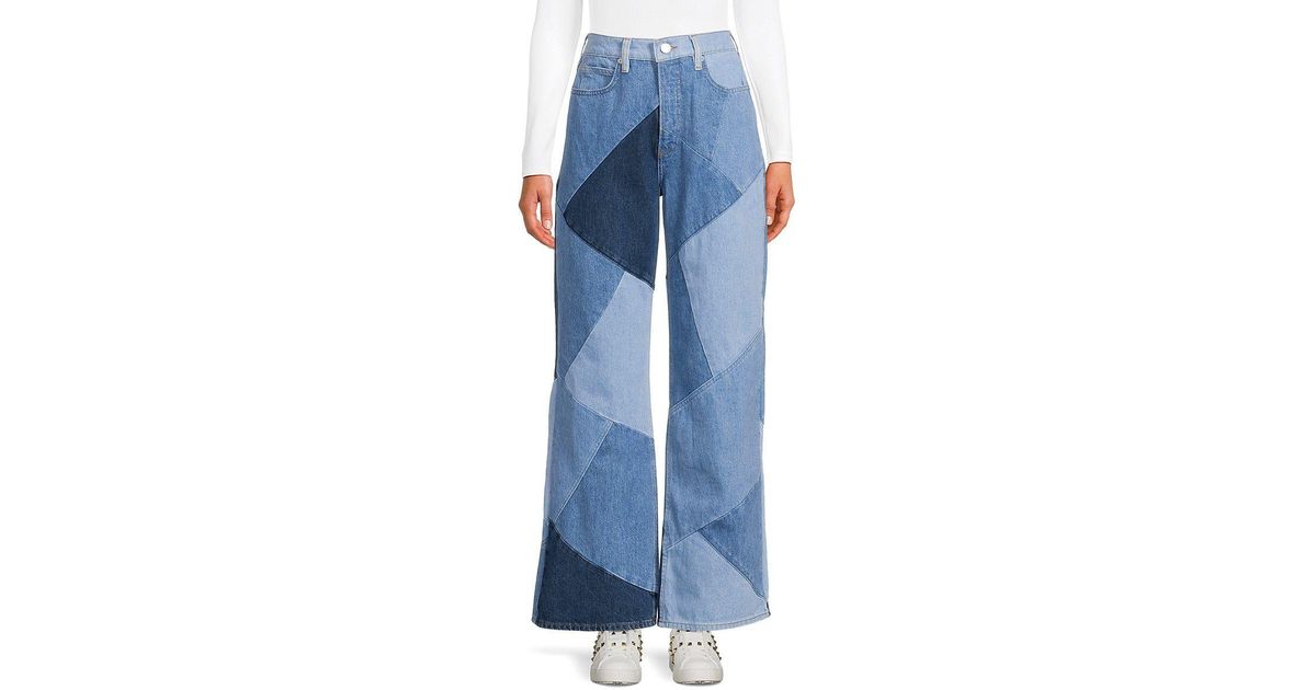 Blue Split-hem patchwork wide-leg jeans, FRAME