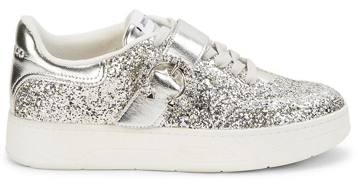 Jimmy Choo Osaka Leather Glitter Sneakers in White | Lyst