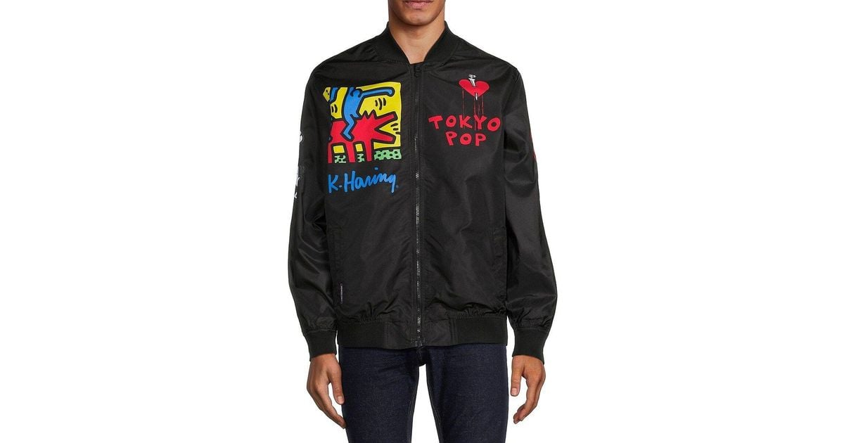 Members Only Keith Haring Print Bomber Jacket in Black for