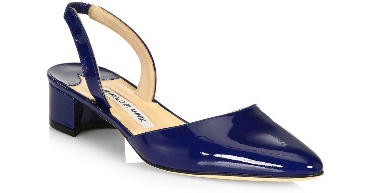 manolo blahnik aspro patent leather block heel slingbacks