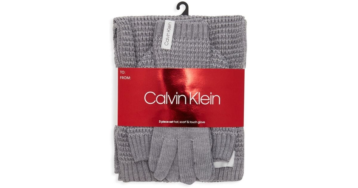Calvin Klein 3-piece Waffle Knit Hat Scarf & Touch Glove Set in Grey | Lyst  Australia