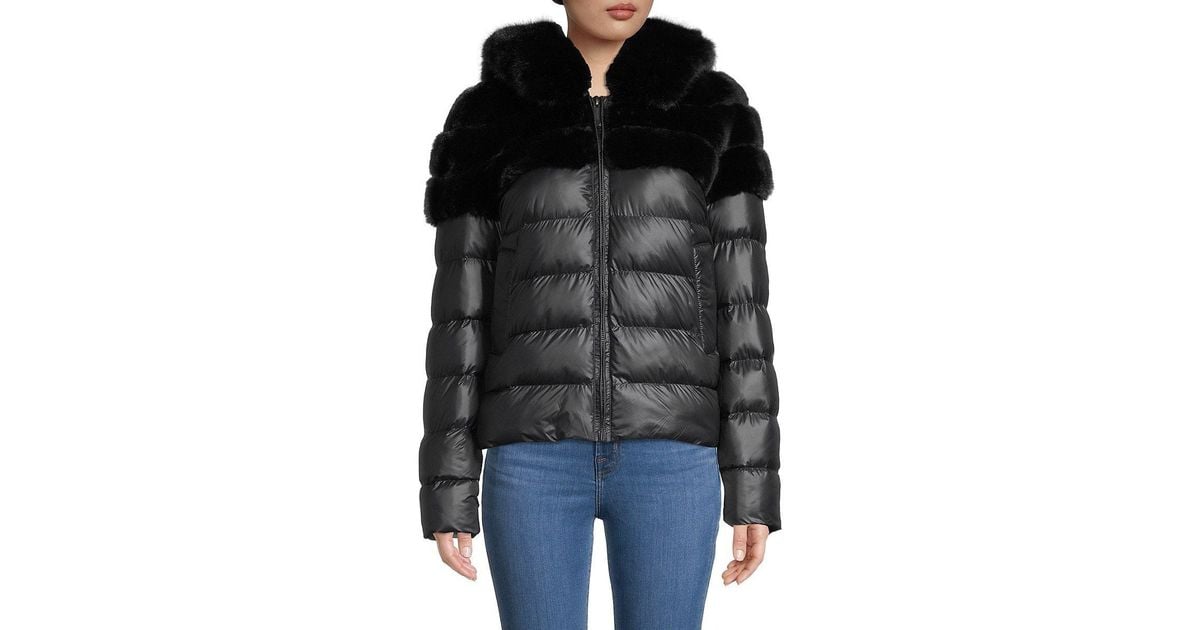 Belle Fare Faux Fur Puffer Jacket in Black | Lyst