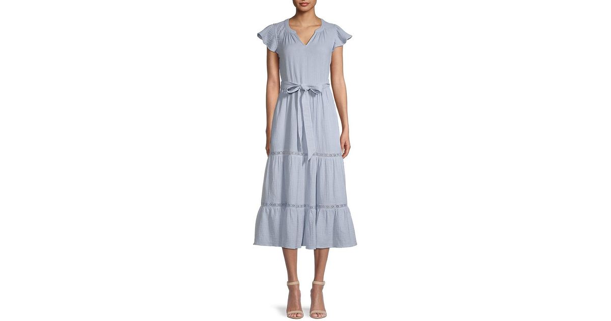 Catherine Malandrino Cotton Flutter-sleeve Tiered Midi Dress in Sky (Blue) | Lyst