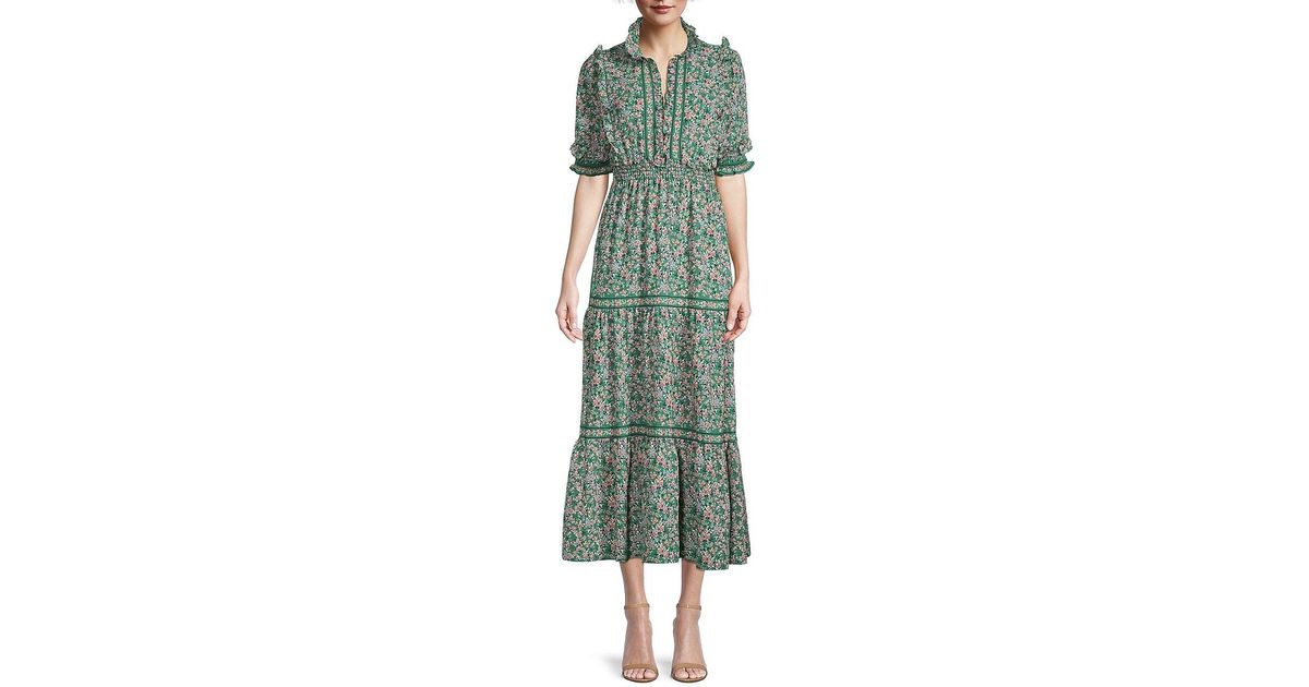 Max Studio Synthetic Tiered Floral Midi Dress in Light Green Floral ...
