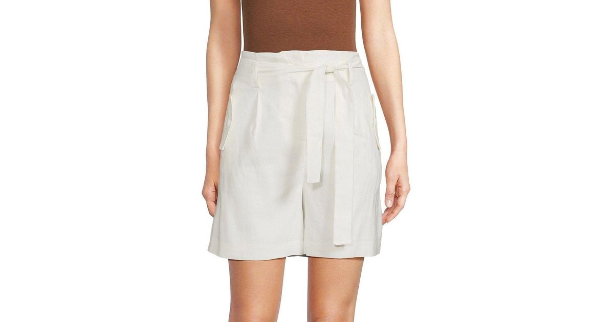 Calvin Klein Linen Blend Belted Shorts in White | Lyst