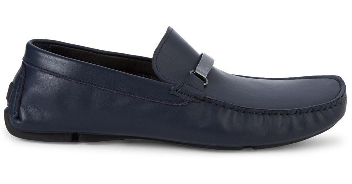 Versace Logo Plaque Leather Loafers in Blue Navy (Blue) for Men - Lyst