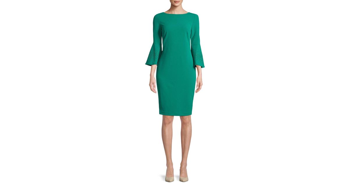 Calvin Klein Synthetic Three-quarter Bell Sleeve Dress in Emerald ...