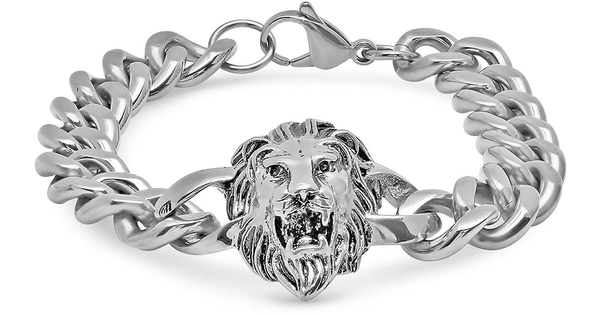 Anthony Jacobs Stainless Steel Lion Head Chain Link Bracelet in White