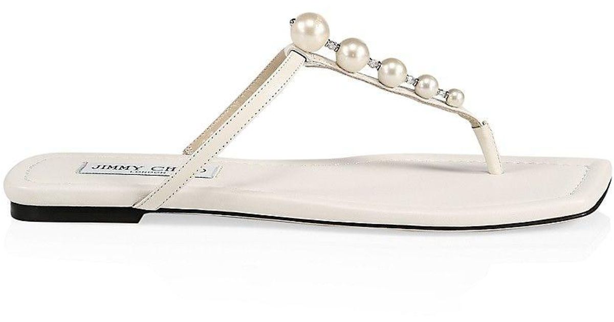 Jimmy Choo Alaina Faux Pearl Embellished Leather Flat Sandals in White ...