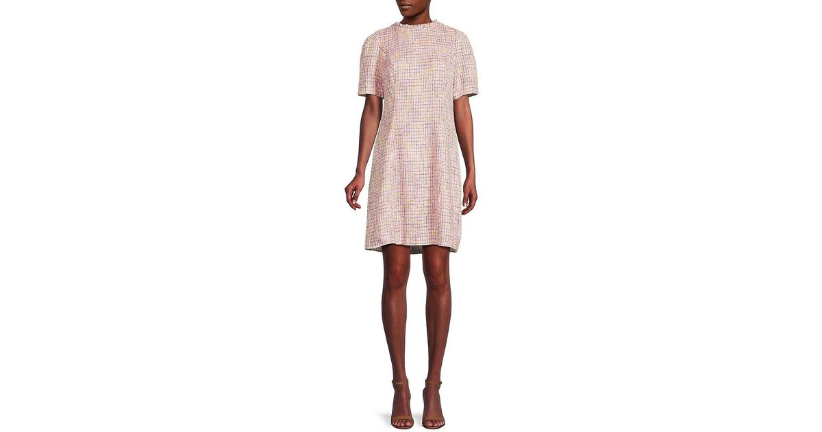 Nanette Lepore Ruffle Neck Tweed Shift Dress in Pink | Lyst