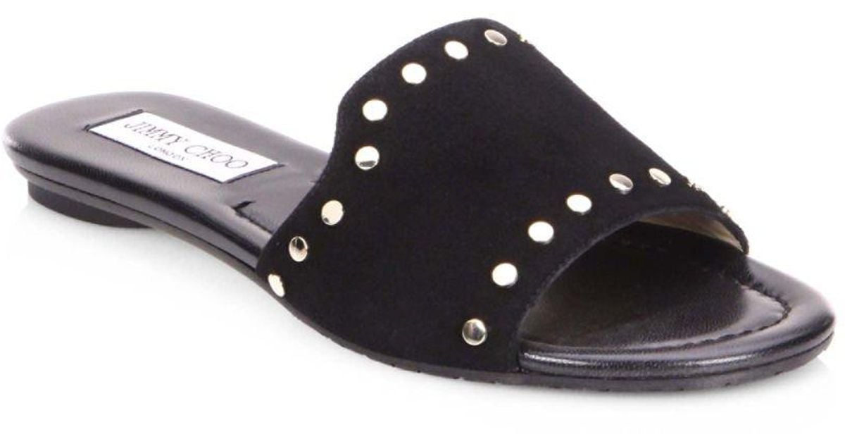 Jimmy Choo Nanda Nwu Studded Suede Slides in Black Gold (Black) - Lyst