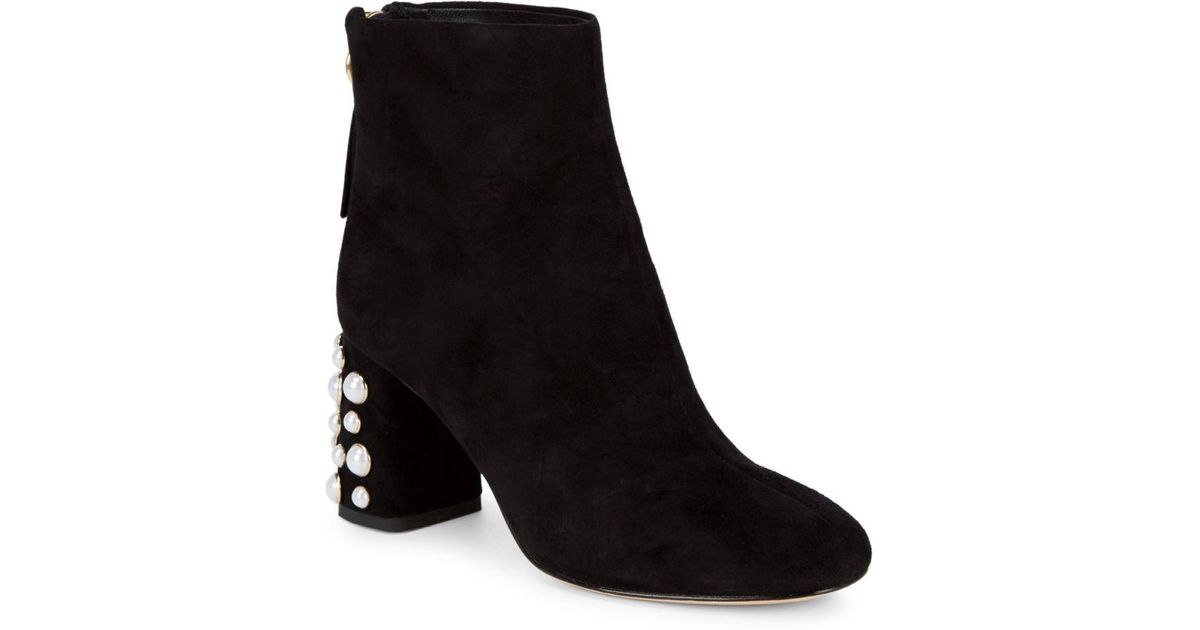 Alice + Olivia Leather Mulberry Pearl Heel Booties in Black | Lyst