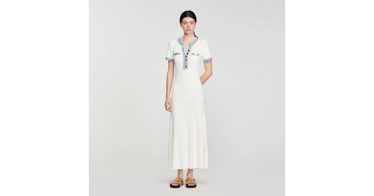 white christmas dresses Sandro DENIM-TRIM KNITTED MAXI DRESS main image 1