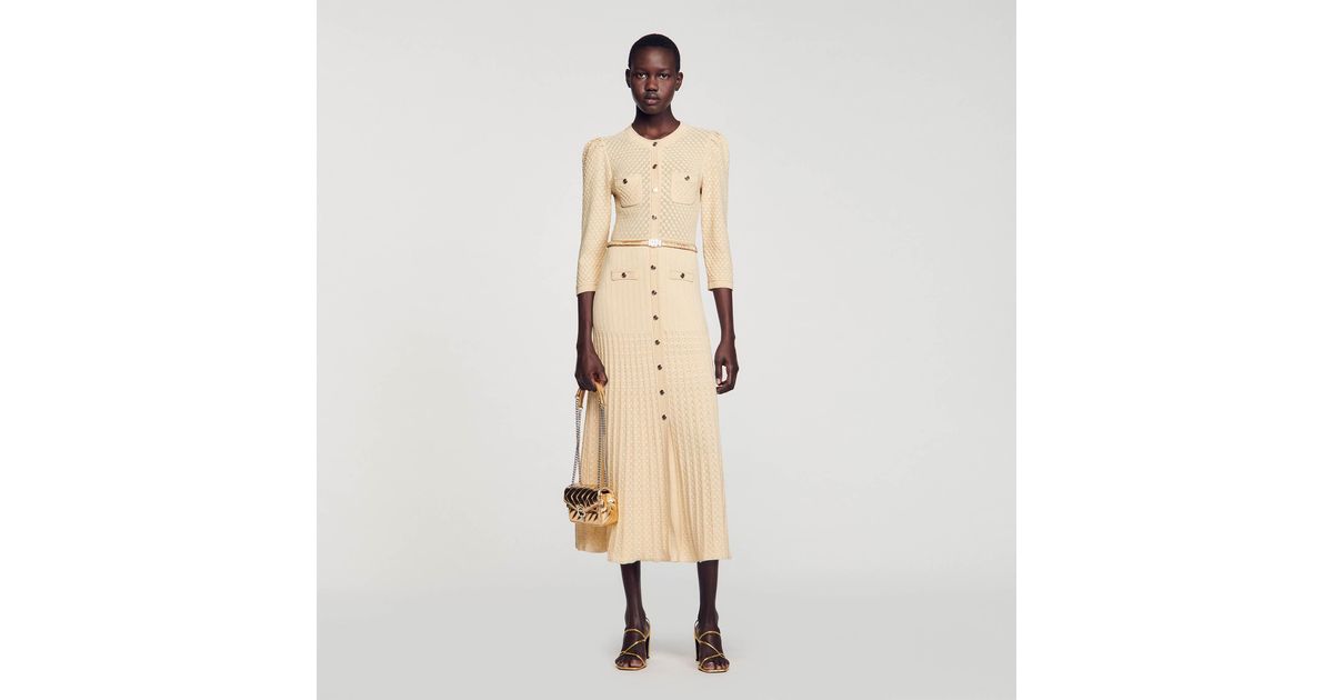 Sandro Pointelle Knit Midi Dress in Natural | Lyst UK