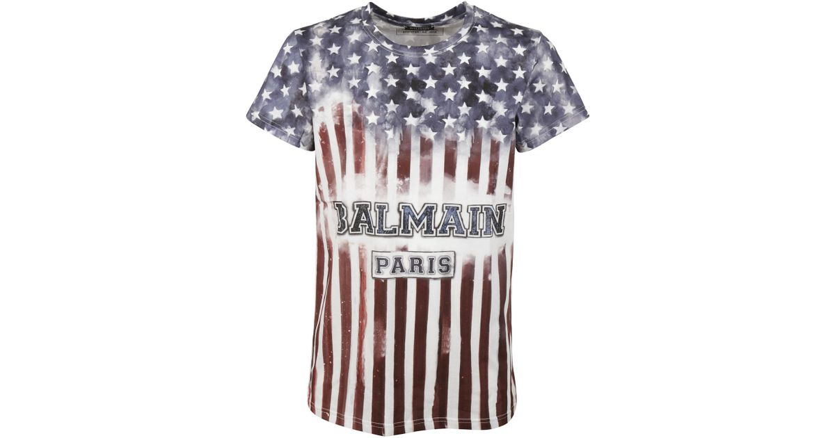 Balmain Cotton Usa Flag Logo T-shirt for Men - Lyst