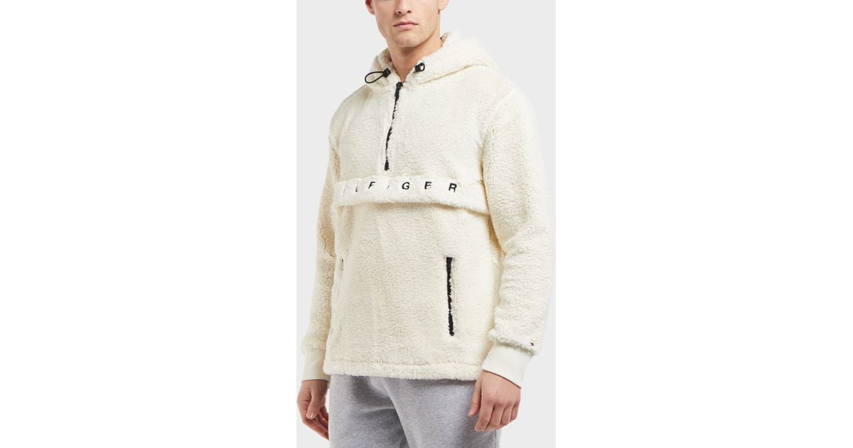 tommy hilfiger oversized teddy fleece half zip hoodie logo pocket in white