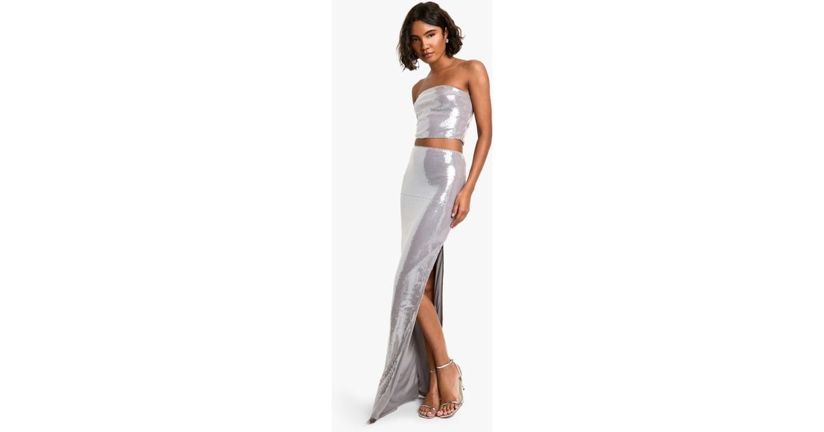 Boohoo Tall Sequin Bandeau And Maxi Skirt Co-Ord in White Lyst UK