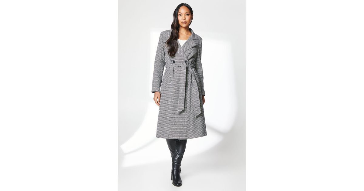 PRINCIPLES Check Funnel Neck Belted Wrap Coat in Grey Lyst UK