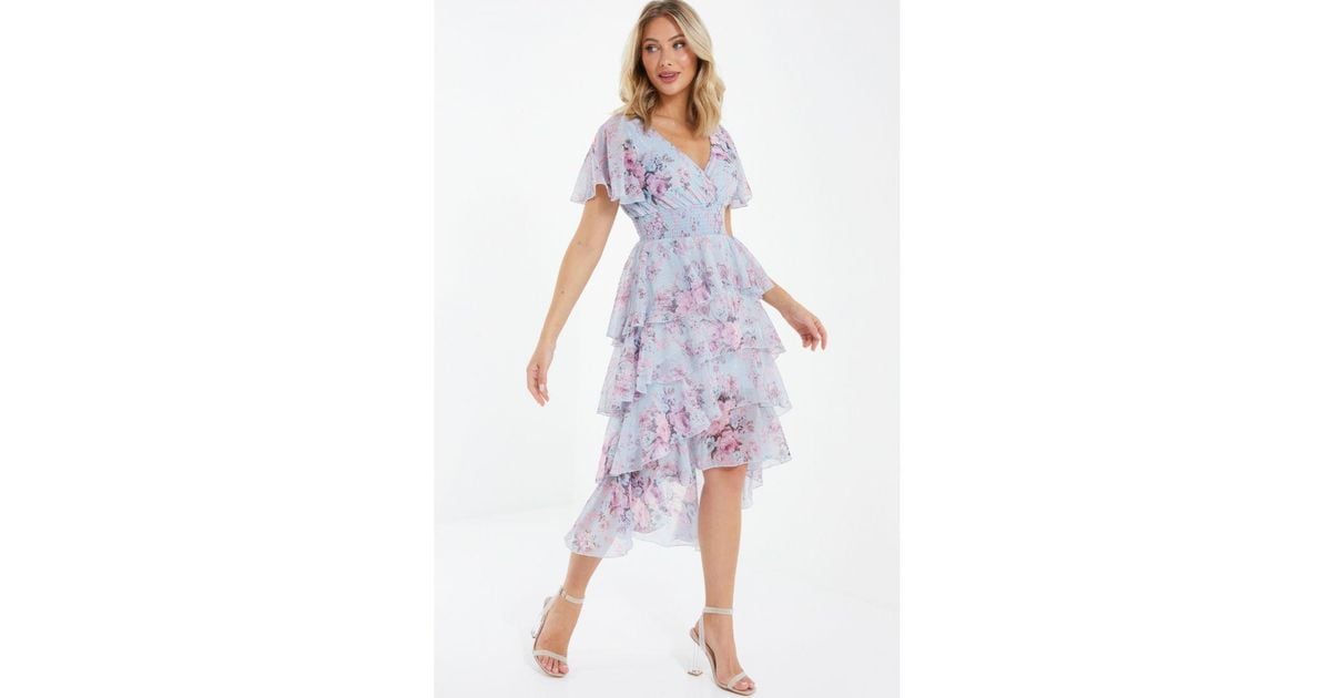 Quiz Blue Chiffon Floral Dip Hem Tiered Midi Dress Lyst UK